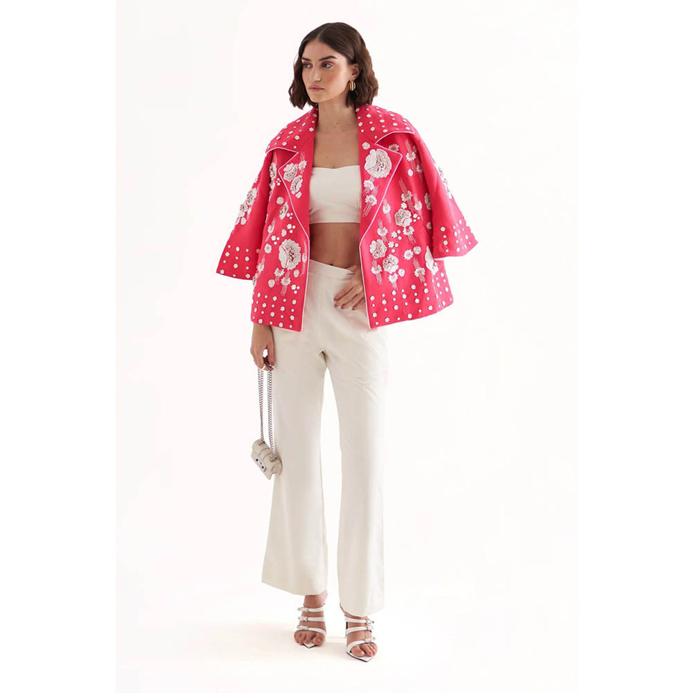 Our Love Emily Banana Crepe Fuchsia Jacket With White Bralette And Pants (Set of 3)