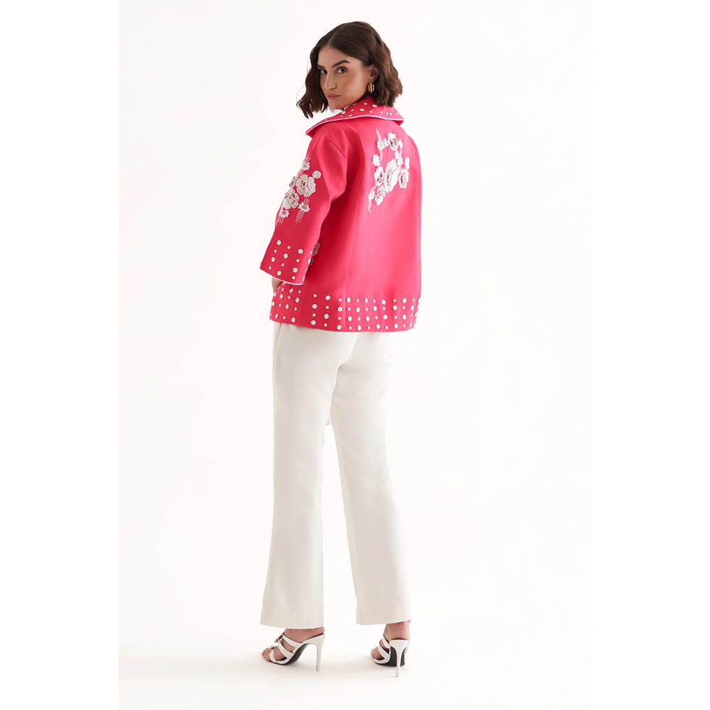 Our Love Emily Banana Crepe Fuchsia Jacket With White Bralette And Pants (Set of 3)