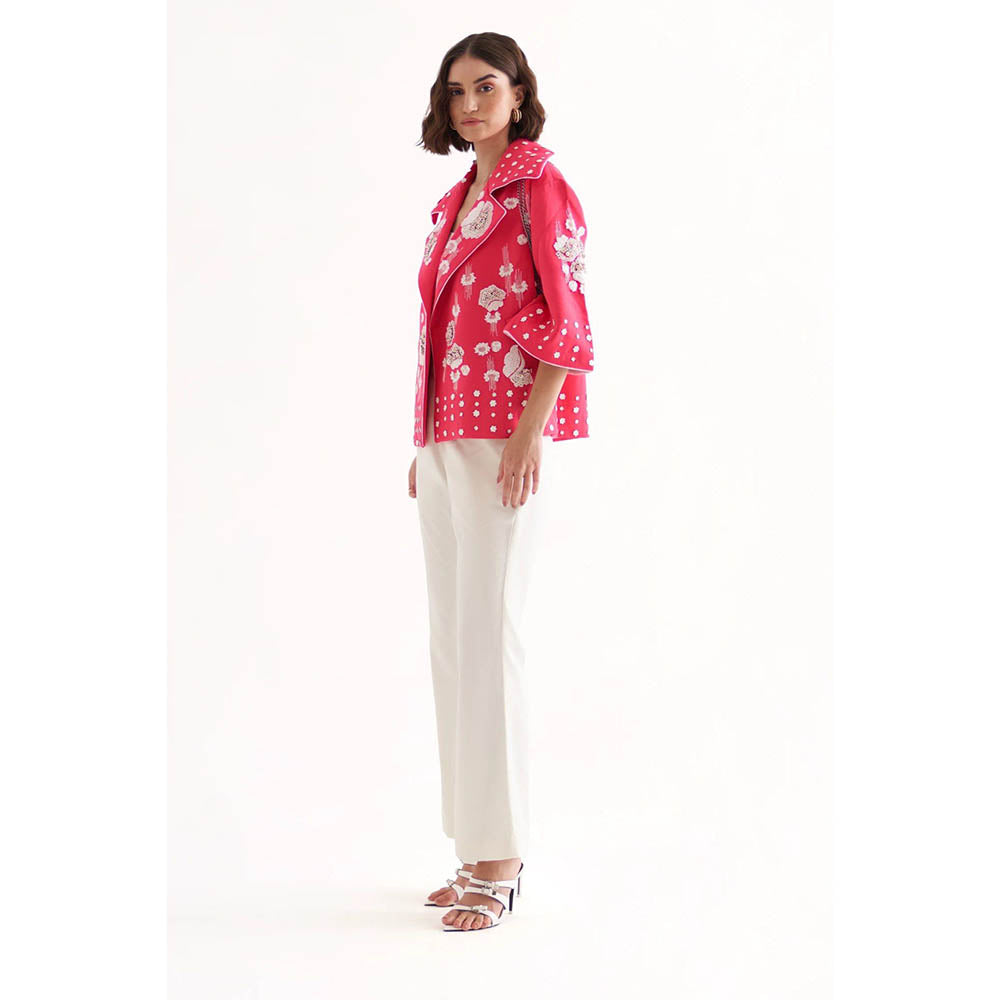 Our Love Emily Banana Crepe Fuchsia Jacket With White Bralette And Pants (Set of 3)