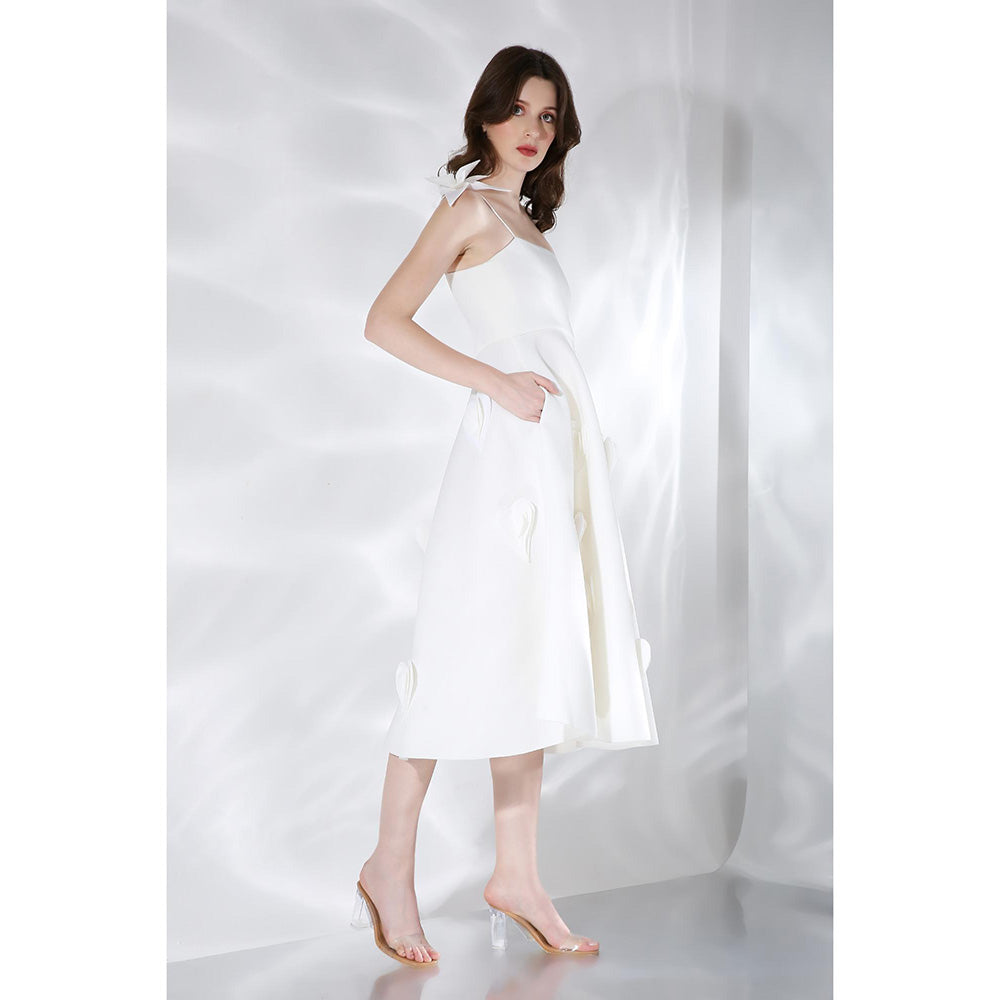 Ozeqo Cassandra White Solid Shoulder Straps Midi Dress