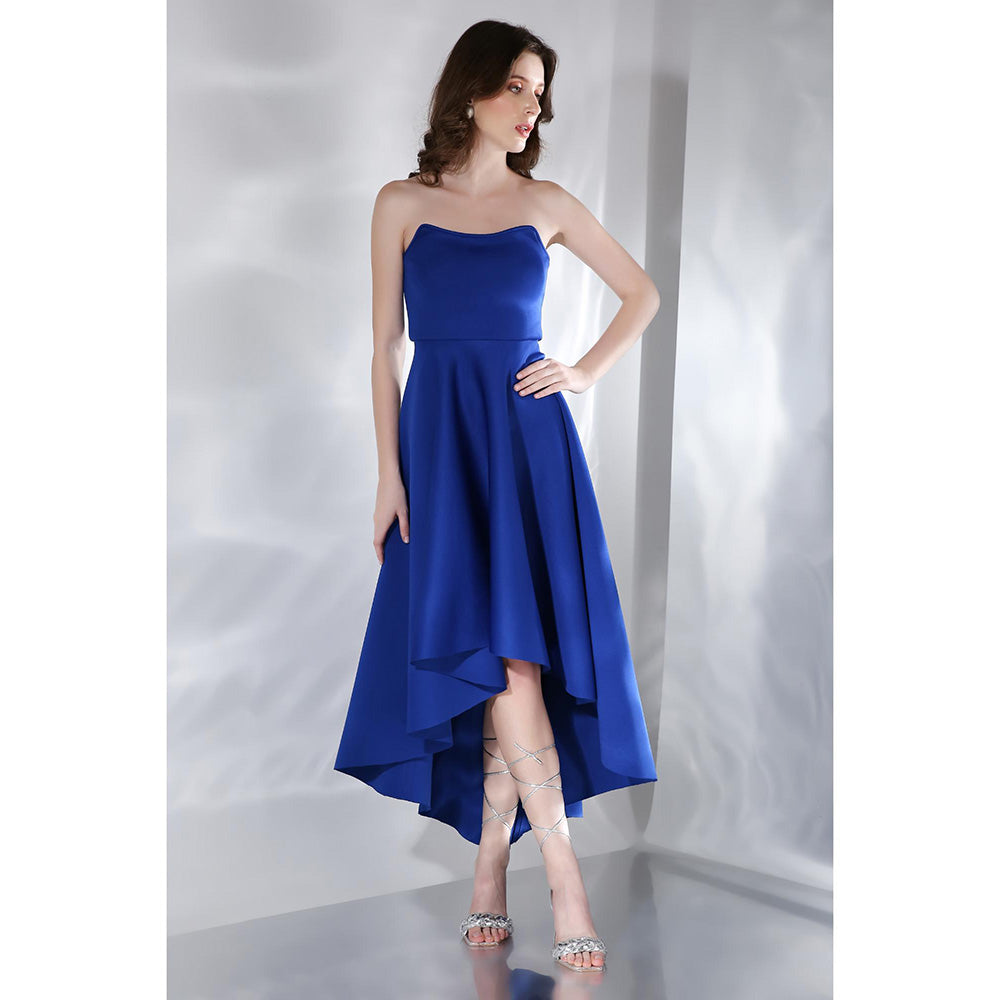 Ozeqo Imperial Blue Solid Strapless Tube Midi Dress