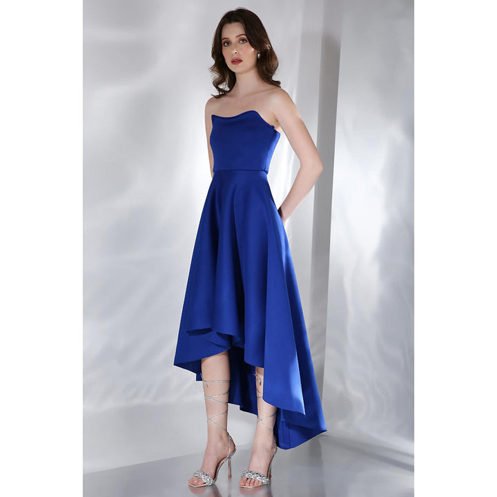 Ozeqo Imperial Blue Solid Strapless Tube Midi Dress