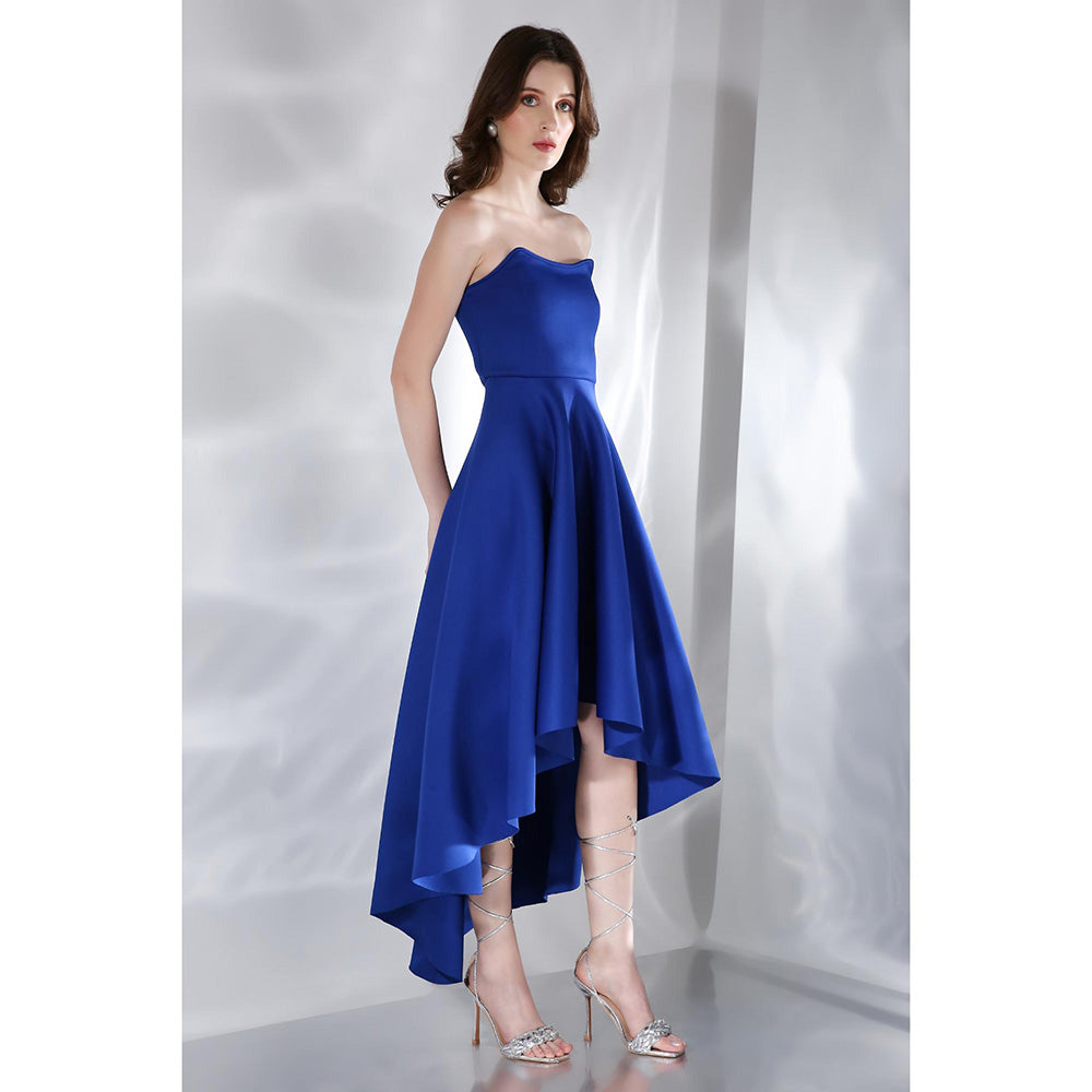 Ozeqo Imperial Blue Solid Strapless Tube Midi Dress