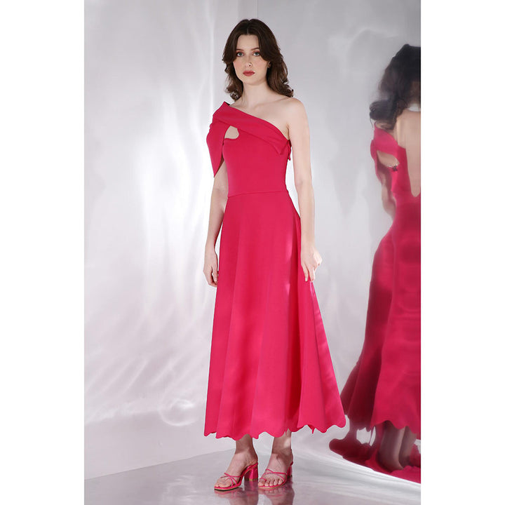 Ozeqo Gladys Pink Solid One Shoulder Maxi Dress with Detachable Sleeve (Set of 2)