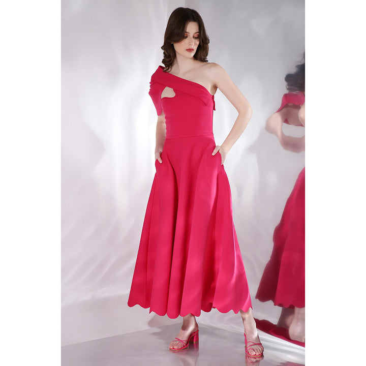 Ozeqo Gladys Pink Solid One Shoulder Maxi Dress with Detachable Sleeve (Set of 2)