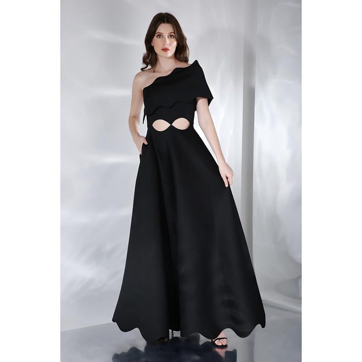 Ozeqo Francesca Black Solid One Shoulder Maxi Dress with Wrap (Set of 2)