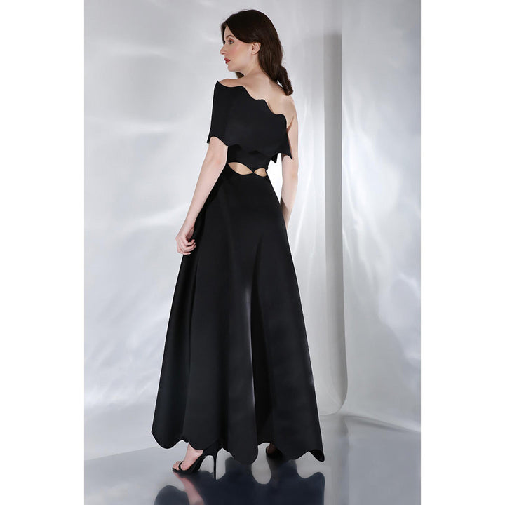 Ozeqo Francesca Black Solid One Shoulder Maxi Dress with Wrap (Set of 2)