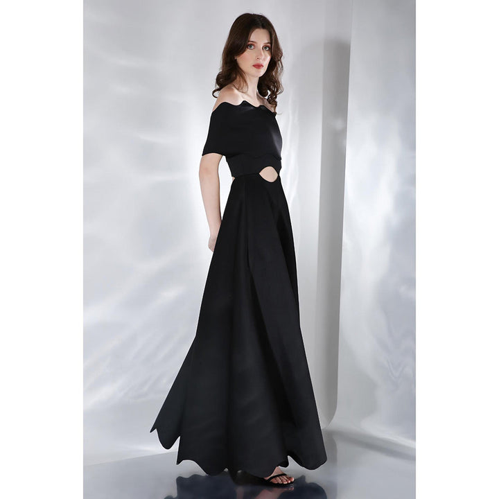 Ozeqo Francesca Black Solid One Shoulder Maxi Dress with Wrap (Set of 2)