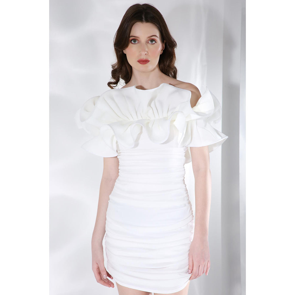 Ozeqo Celeste Ruffle White Bodycon Mini Dress (Set of 2)