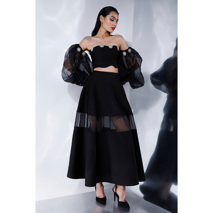 Ozeqo Freya Black Detachable Sleeves with Crop Top and Skirt (Set of 3)