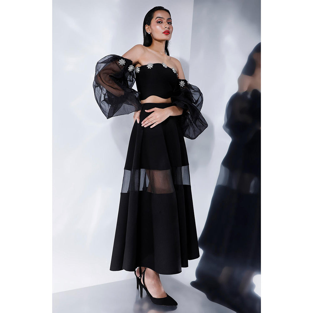 Ozeqo Freya Black Detachable Sleeves with Crop Top and Skirt (Set of 3)