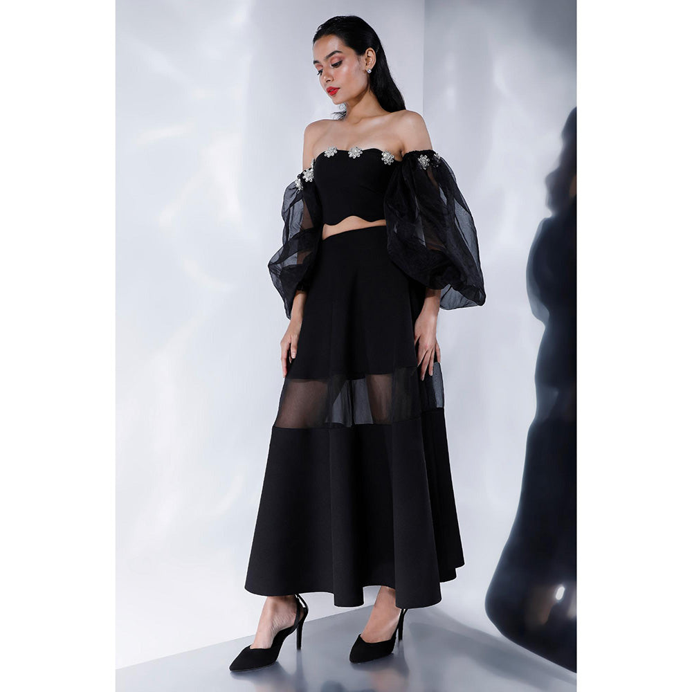 Ozeqo Freya Black Detachable Sleeves with Crop Top and Skirt (Set of 3)