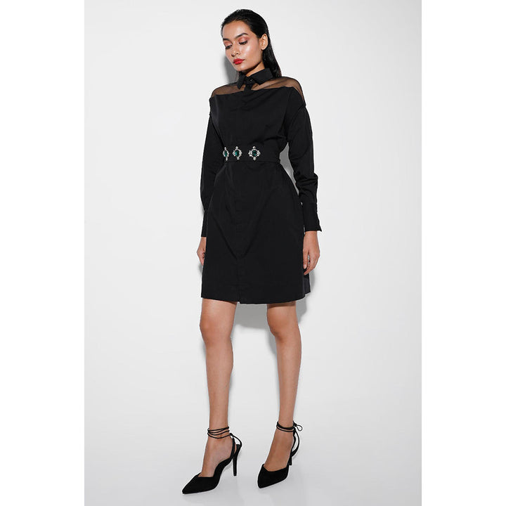 Ozeqo Adele Black Shirt Style Mini Dress with Belt (Set of 2)