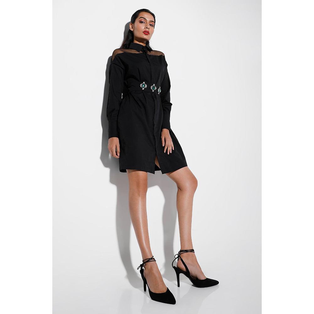 Ozeqo Adele Black Shirt Style Mini Dress with Belt (Set of 2)