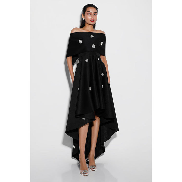 Ozeqo Tricia Black Embellished Off Shoulder Midi Dress with Wrap (Set of 2)