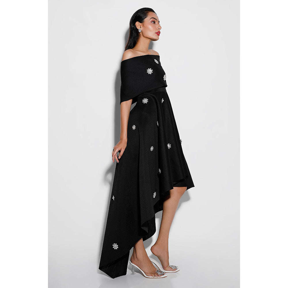 Ozeqo Tricia Black Embellished Off Shoulder Midi Dress with Wrap (Set of 2)