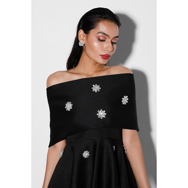 Ozeqo Tricia Black Embellished Off Shoulder Midi Dress with Wrap (Set of 2)