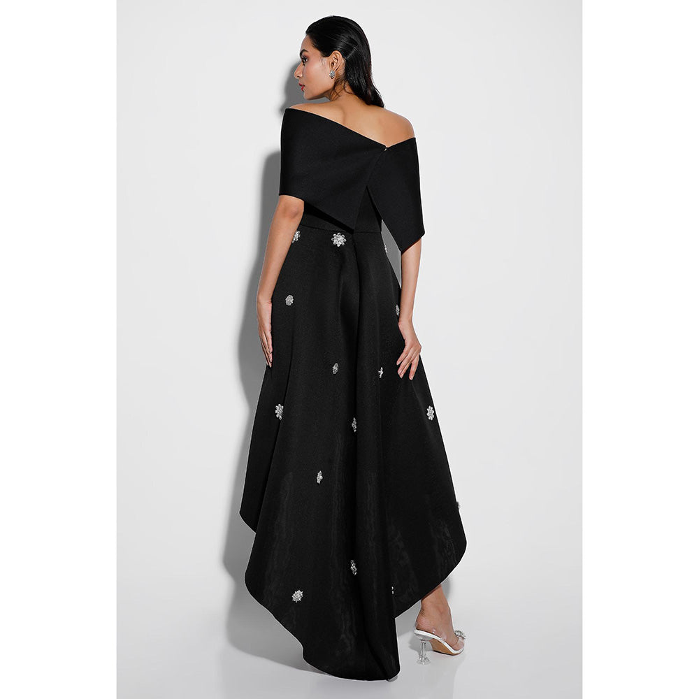 Ozeqo Tricia Black Embellished Off Shoulder Midi Dress with Wrap (Set of 2)