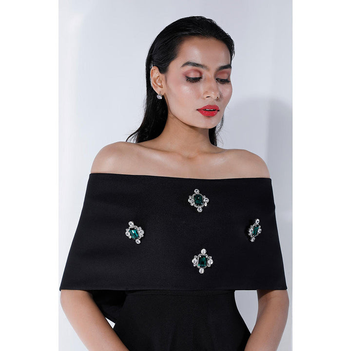 Ozeqo Gaia Black Emerald Studded Off Shoulder Midi Dress with Wrap (Set of 2)