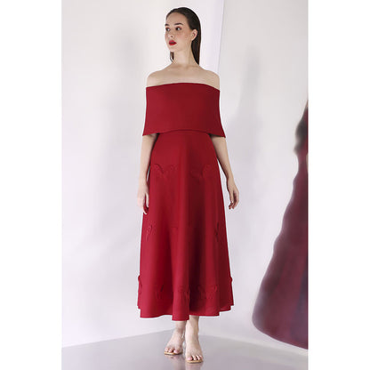 Ozeqo Maroon Off Shoulder Dress with Wrap (Set of 2)