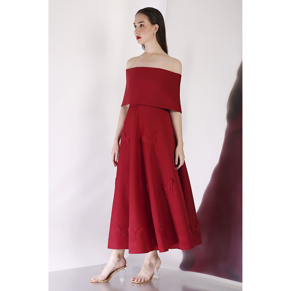 Ozeqo Maroon Off Shoulder Dress with Wrap (Set of 2)