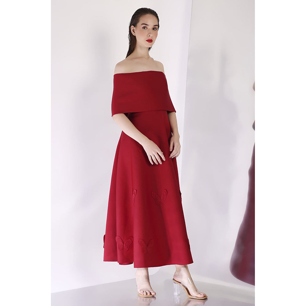 Ozeqo Maroon Off Shoulder Dress with Wrap (Set of 2)