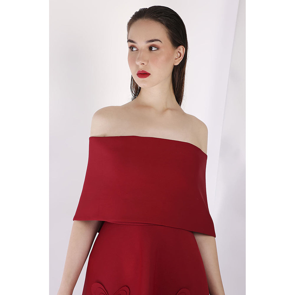 Ozeqo Maroon Off Shoulder Dress with Wrap (Set of 2)