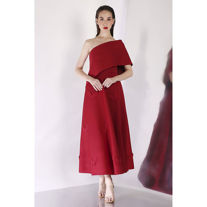 Ozeqo Maroon Off Shoulder Dress with Wrap (Set of 2)