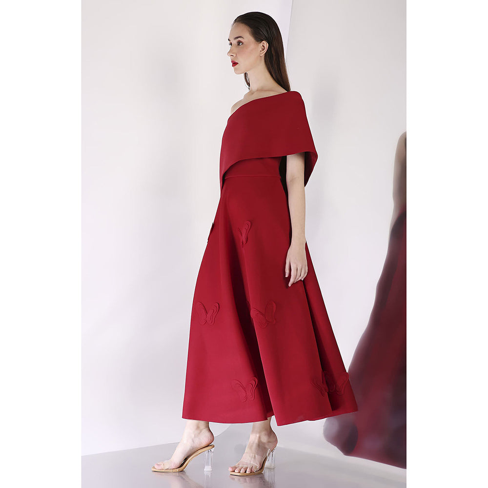 Ozeqo Maroon Off Shoulder Dress with Wrap (Set of 2)