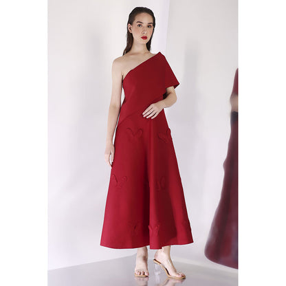 Ozeqo Maroon Off Shoulder Dress with Wrap (Set of 2)