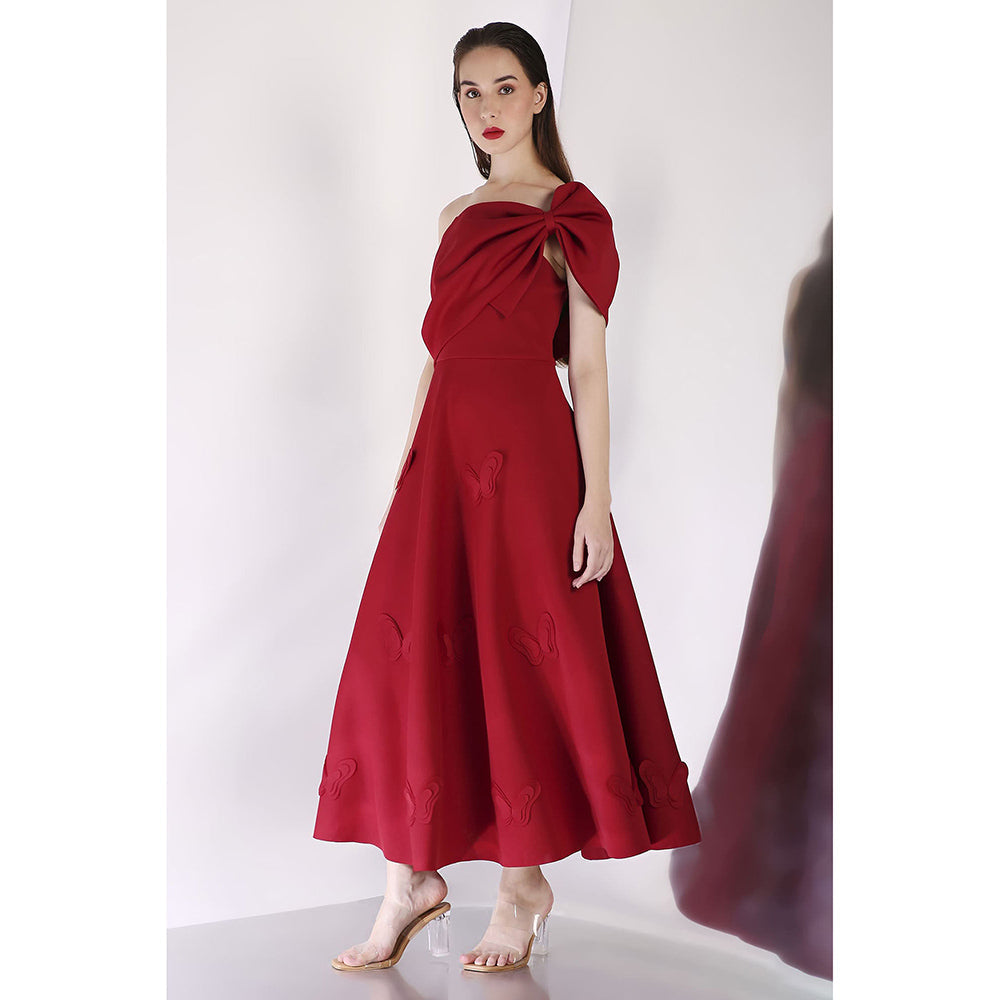 Ozeqo Maroon Midi Dress with Wrap (Set of 2)