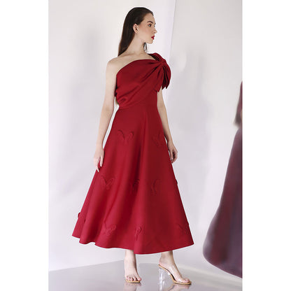 Ozeqo Maroon Midi Dress with Wrap (Set of 2)