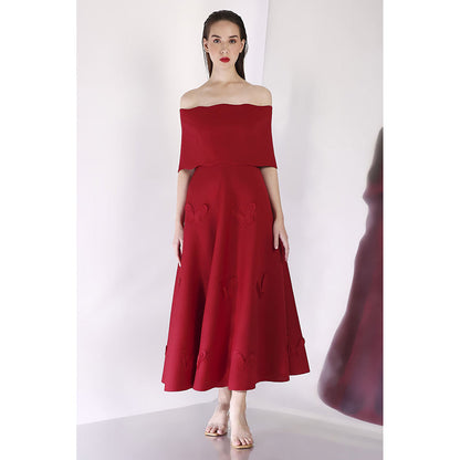 Ozeqo Maroon Off Should Midi Dress with Wrap (Set of 2)