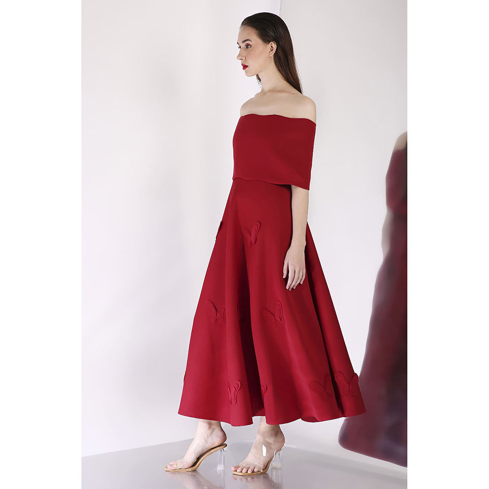 Ozeqo Maroon Off Should Midi Dress with Wrap (Set of 2)