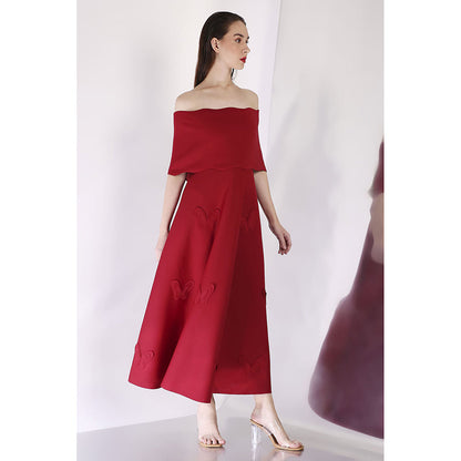 Ozeqo Maroon Off Should Midi Dress with Wrap (Set of 2)