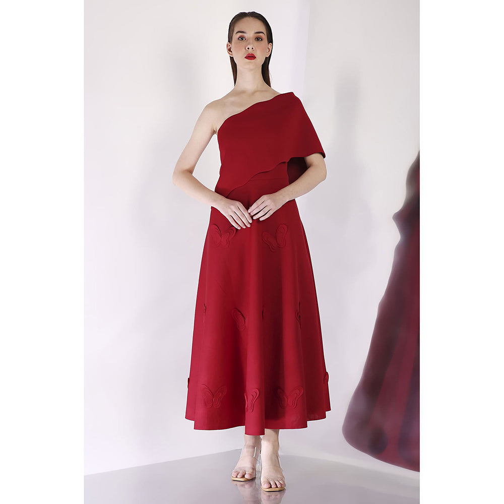 Ozeqo Maroon Off Should Midi Dress with Wrap (Set of 2)