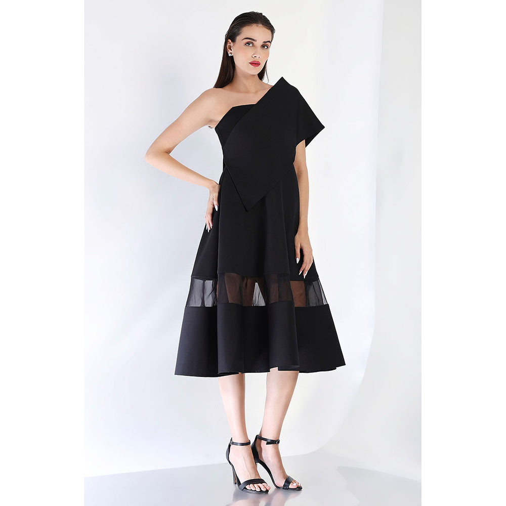 Ozeqo Black Fit and Flare Solid Dress with Wrap