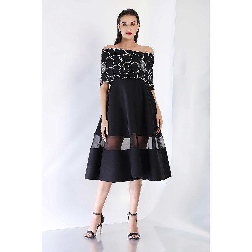 Ozeqo Black Fit and Flare Embroidered Dress and Wrap