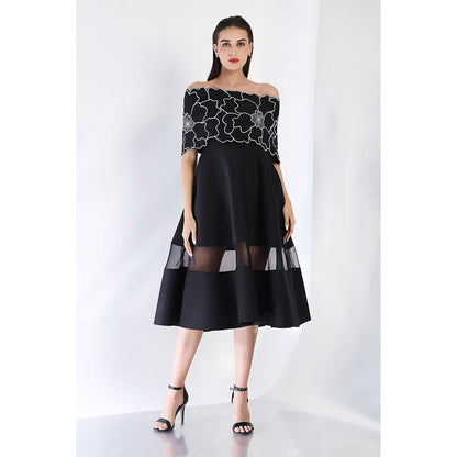 Ozeqo Black Fit and Flare Embroidered Dress and Wrap