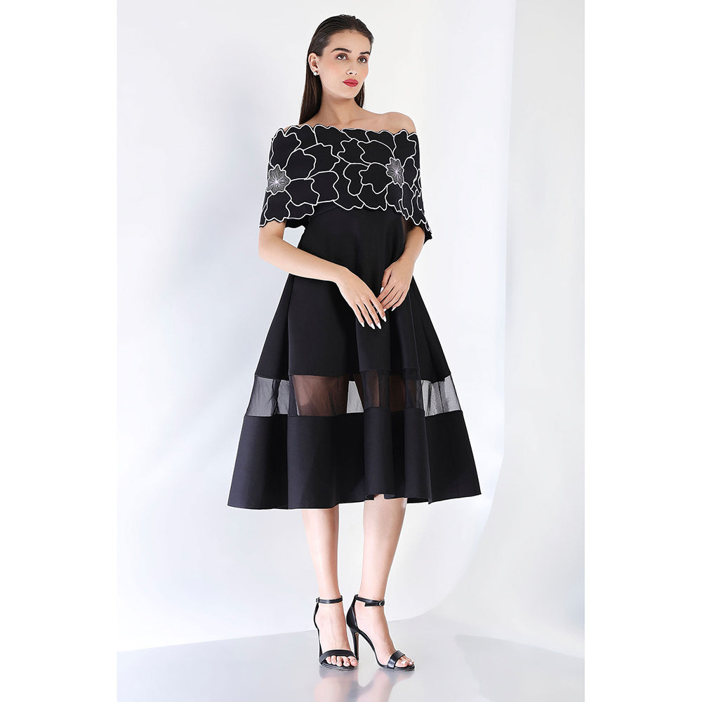 Ozeqo Black Fit and Flare Embroidered Dress and Wrap