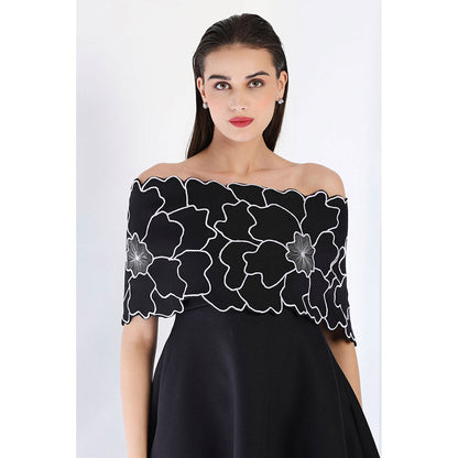 Ozeqo Black Fit and Flare Embroidered Dress and Wrap