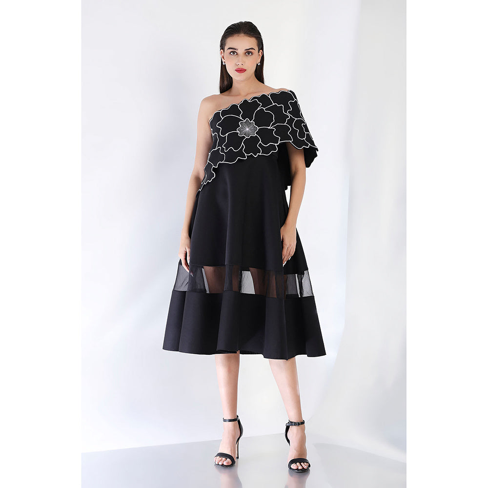 Ozeqo Black Fit and Flare Embroidered Dress and Wrap