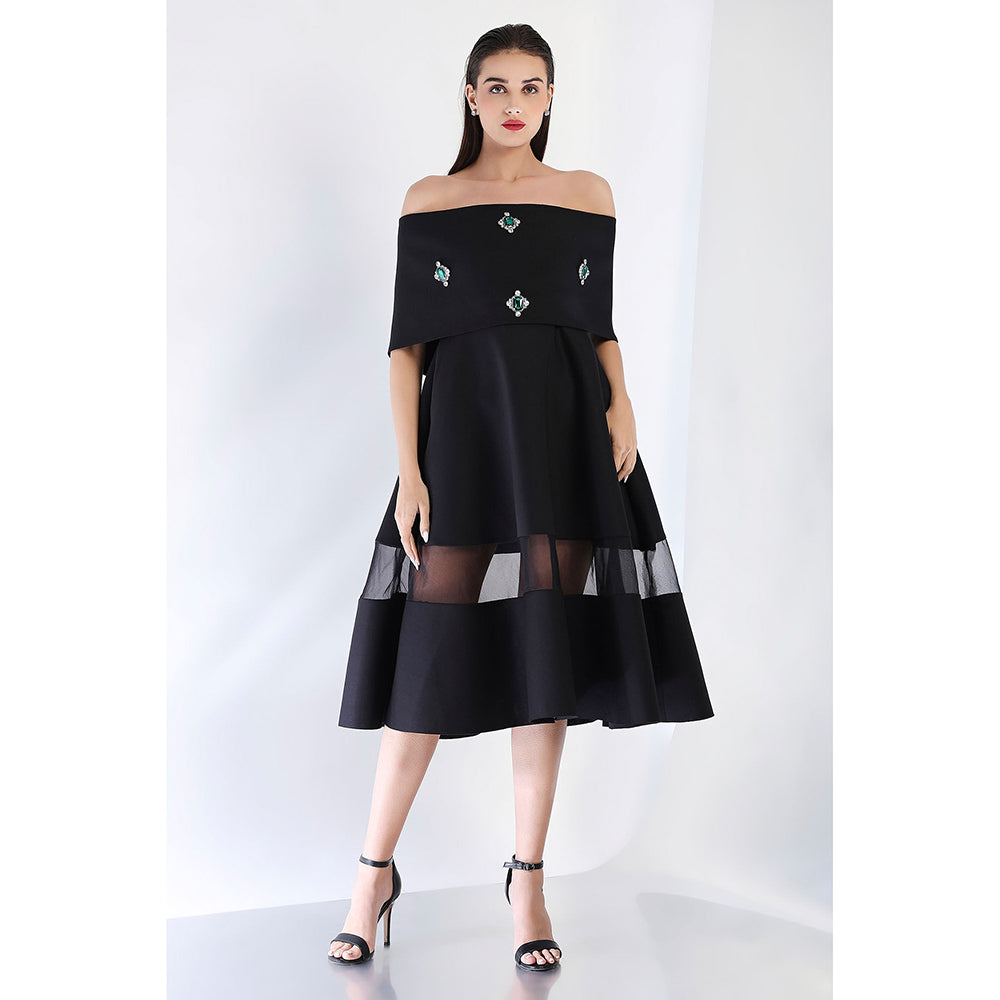 Ozeqo Black Fit and Flare Embellished Dress and Wrap