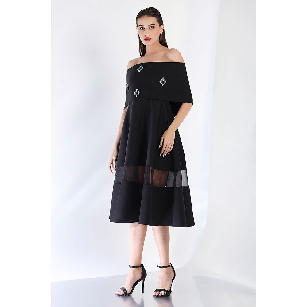 Ozeqo Black Fit and Flare Embellished Dress and Wrap