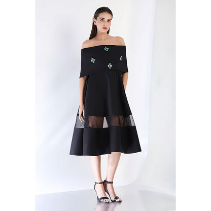 Ozeqo Black Fit and Flare Embellished Dress and Wrap