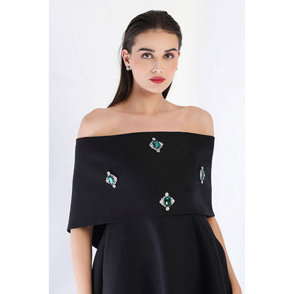 Ozeqo Black Fit and Flare Embellished Dress and Wrap