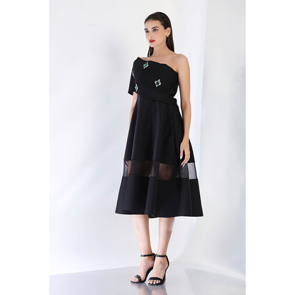 Ozeqo Black Fit and Flare Embellished Dress and Wrap