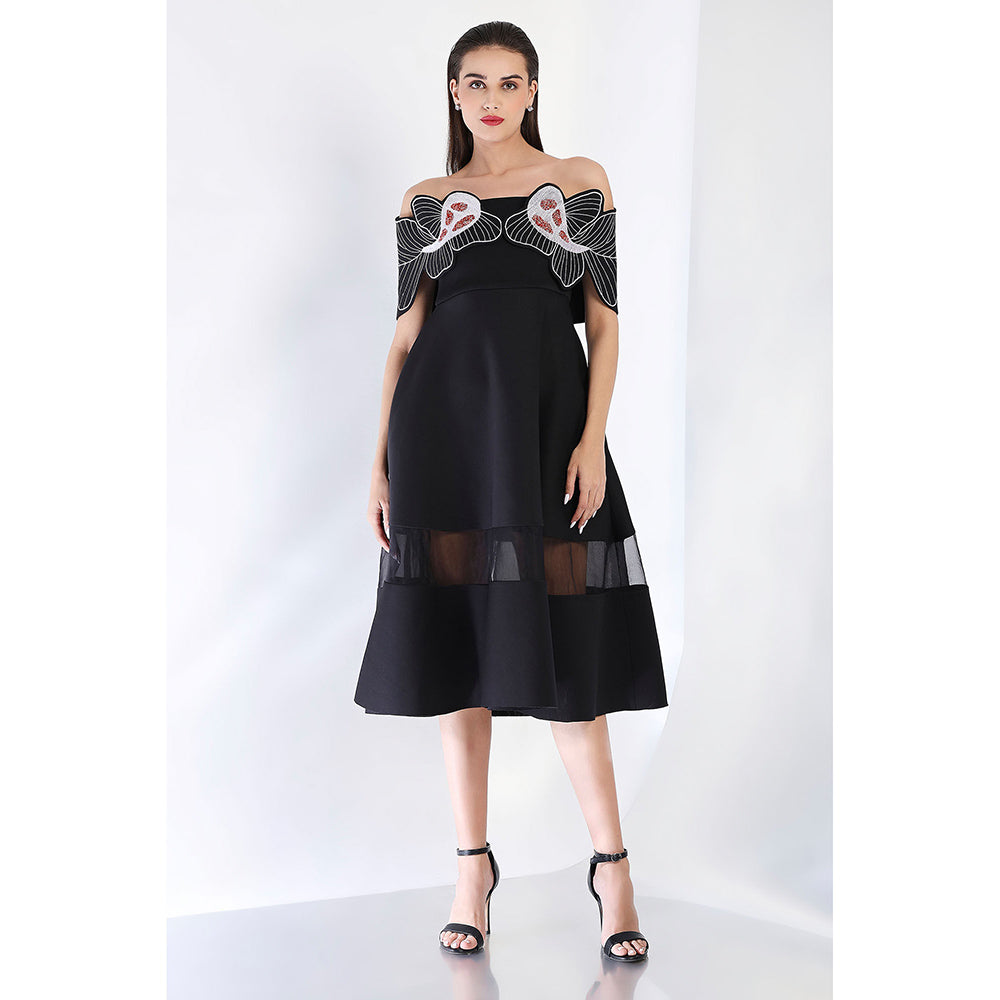 Ozeqo Black Fit and Flare Embroidered Dress and Wrap