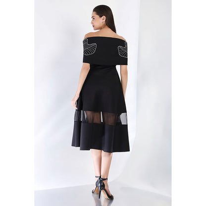Ozeqo Black Fit and Flare Embroidered Dress and Wrap