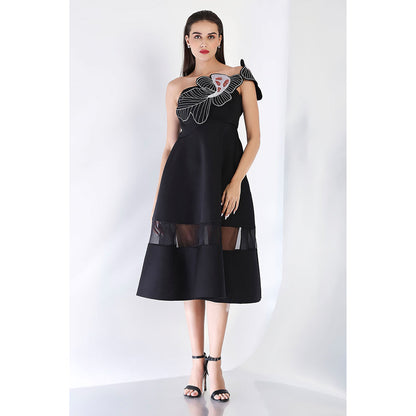 Ozeqo Black Fit and Flare Embroidered Dress and Wrap